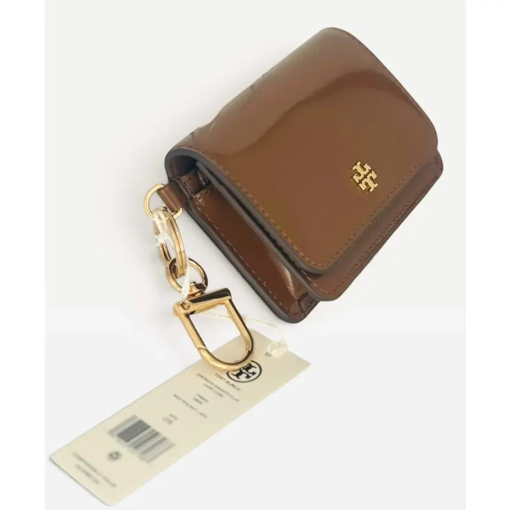 $175 Tory Burch Flap Card Case Wallet Brown Patent Leather Gold Key Chain